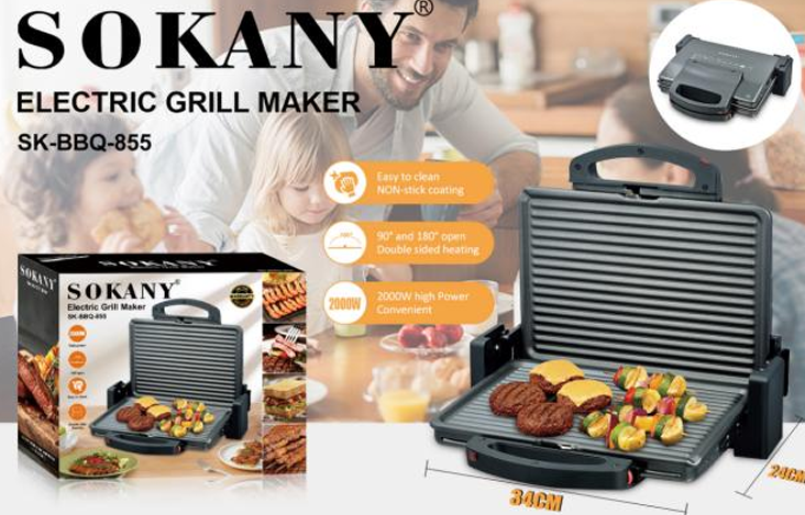 Електрически Грил SOKANY 34×24 см, 180° отваряне, Терморегулатор