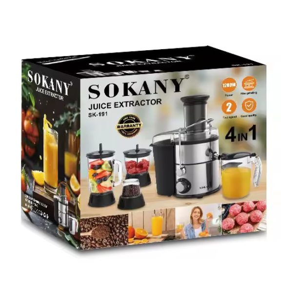 Сокоизстисквачка 4в1 SOKANY 1200W, Блендер и Мелачка, 2 скорости